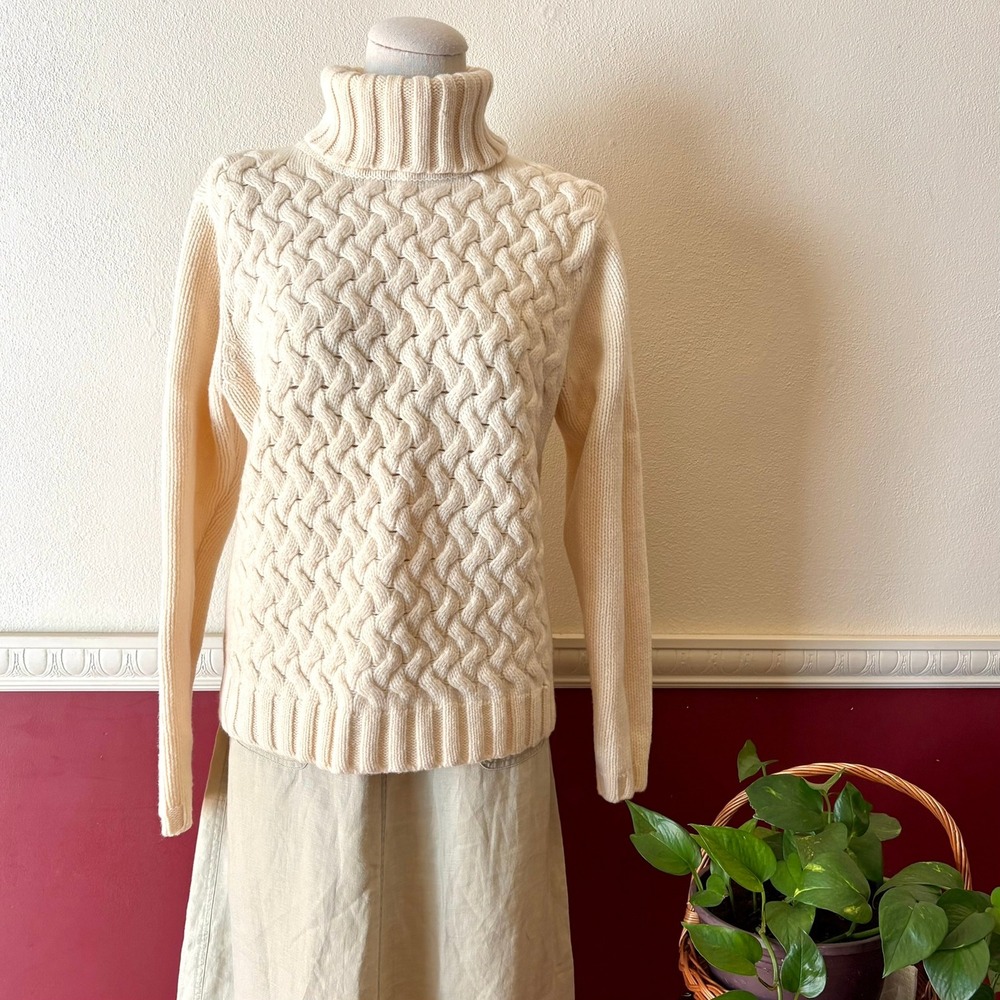 Vintage Field Gear 100% Lambswool Turtleneck Sweater Cream M Fishermancore Cozy